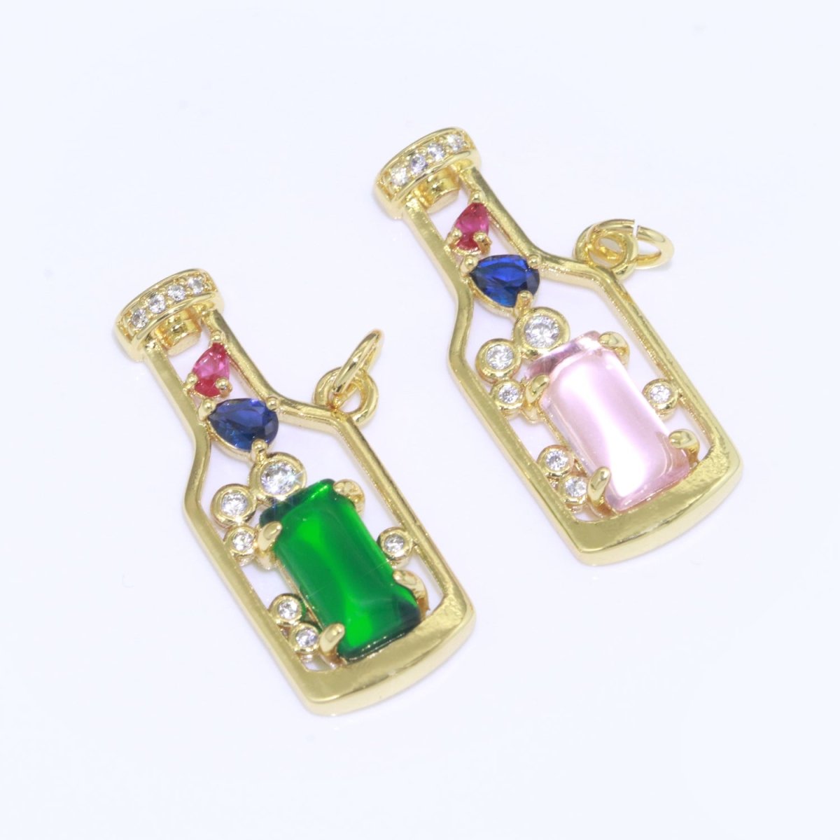 Gold Fill Love Spell Charm- Pink Green Glass Powers Of Love - Love Potion - Wine Bottle Spell Charm for Dainty Minimalist jewelry Component M-548 M-549