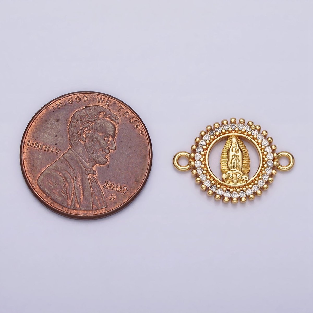 Gold Filled 17.5mm Lady Guadalupe Mary Open CZ Lined Beaded Round Connector G-720 - DLUXCA