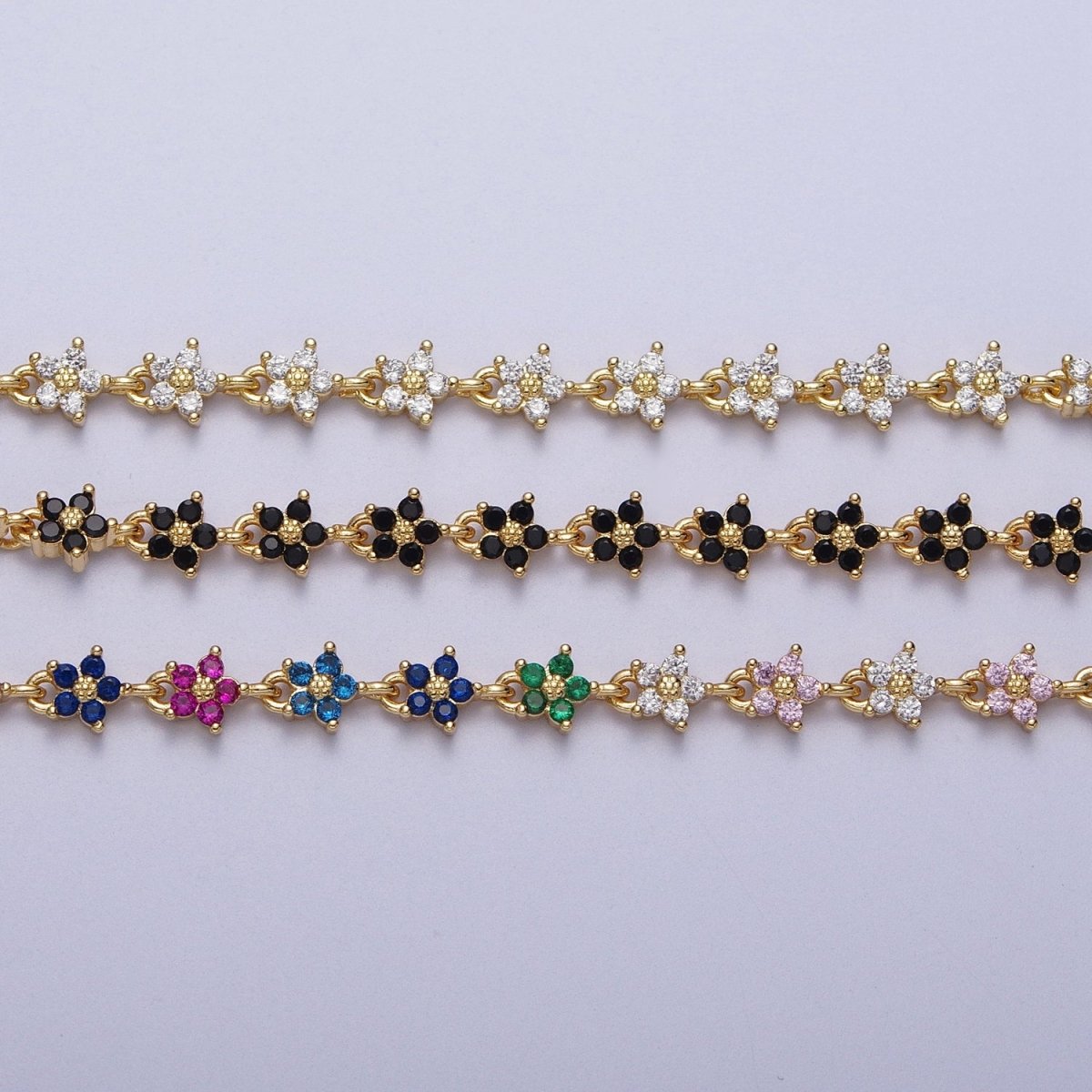 Gold Filled 5mm Black, Clear, Multicolor Flower CZ Unfinished Designed Chain | ROLL-1008 to ROLL-1010 Clearance Pricing
