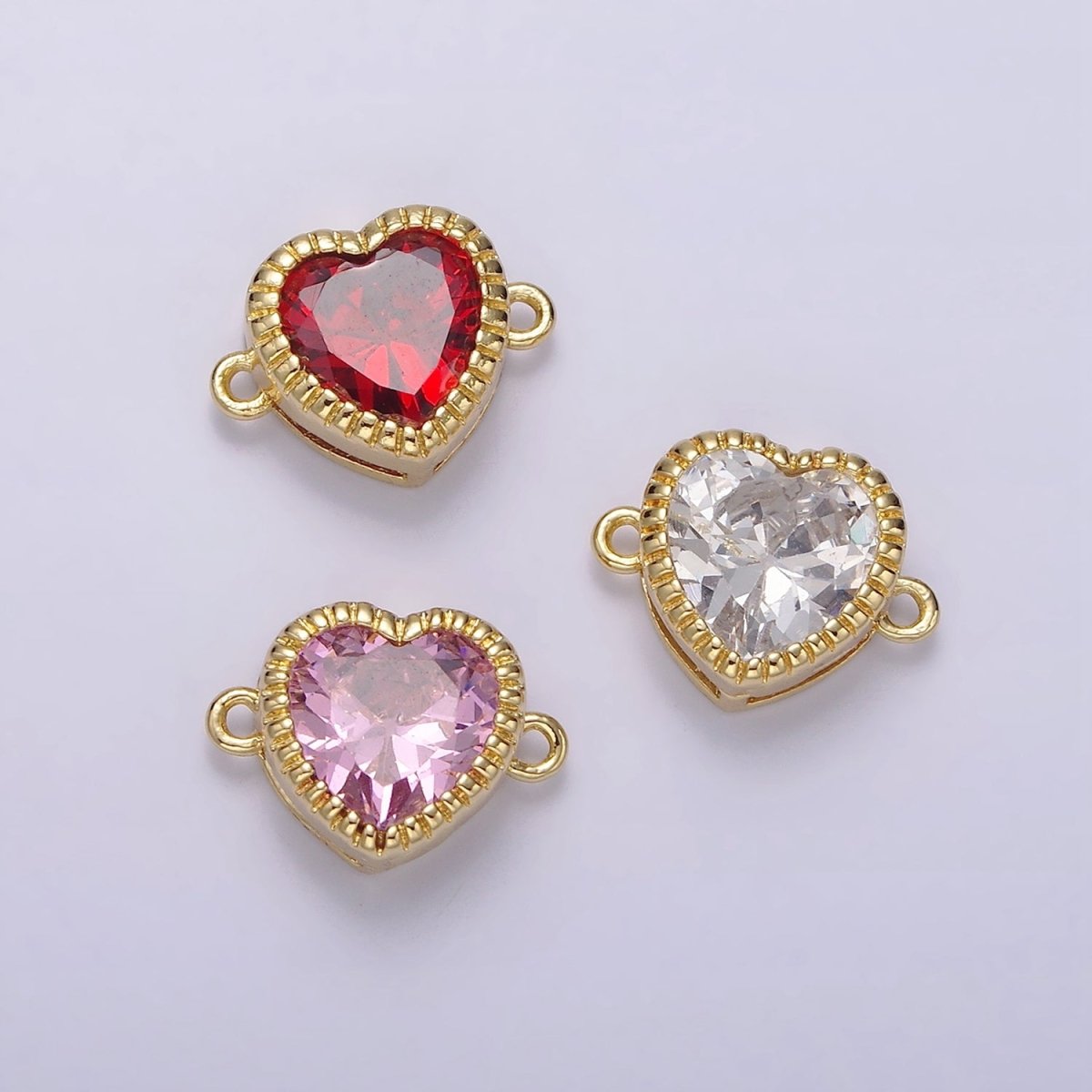 Gold Filled 9.5mm Red, Pink, Clear CZ Heart Line-Textured Connector G-717 - G-719