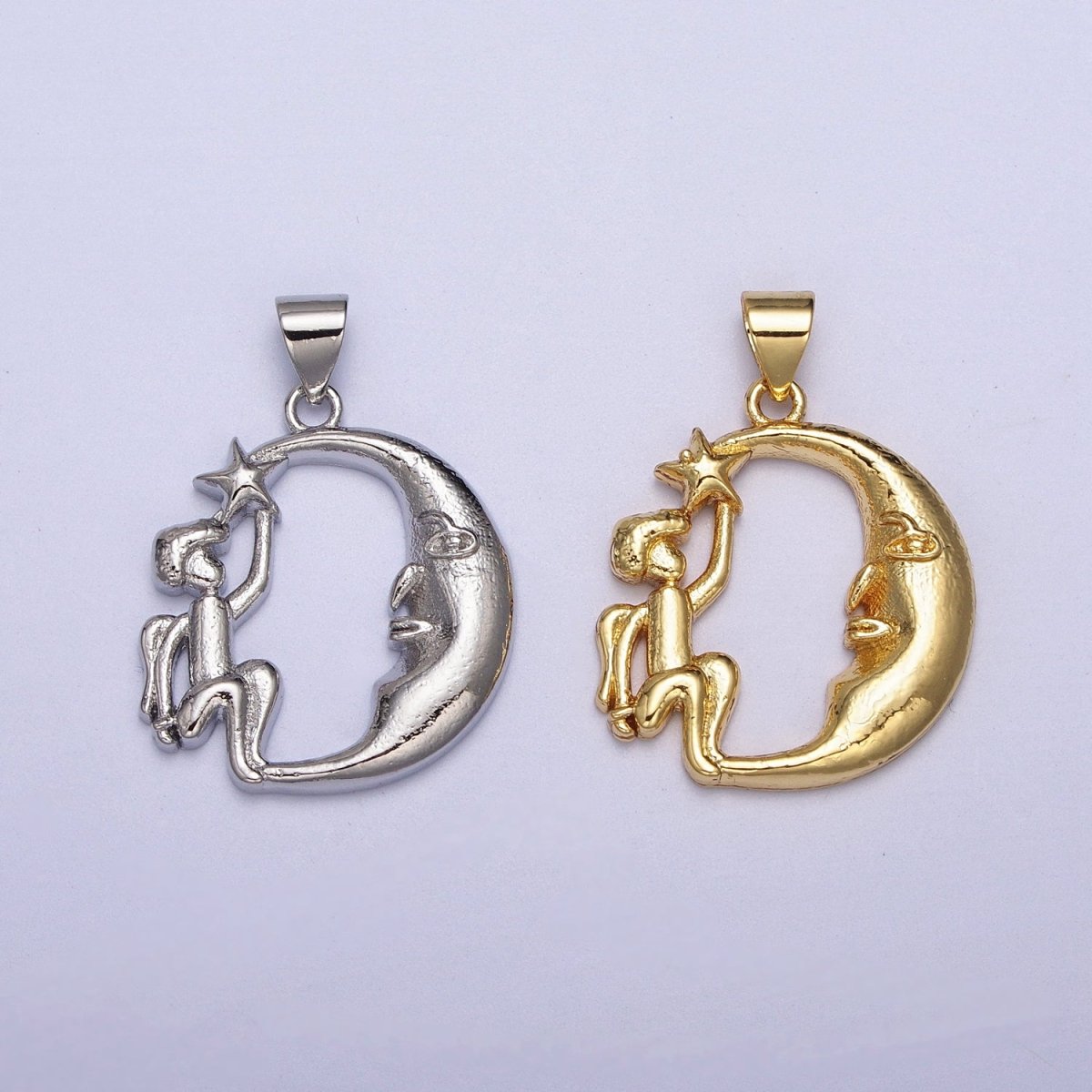 Gold Filled Angel Star on the Crescent Moon Pendant in Gold & Silver | AA002 A003