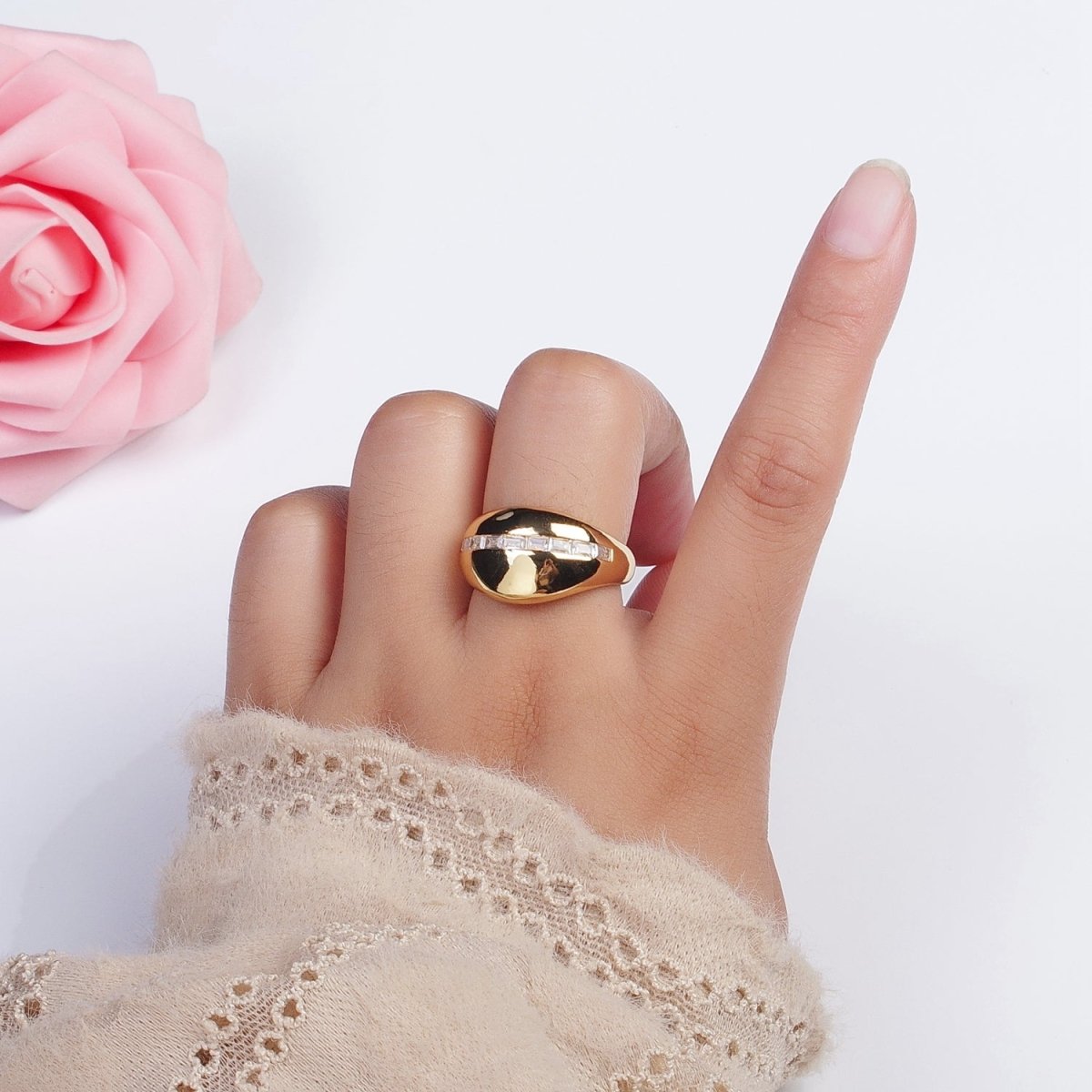 Gold Filled Baguette Lined Chunky Dome Ring in Gold & Silver | O-086 O-087