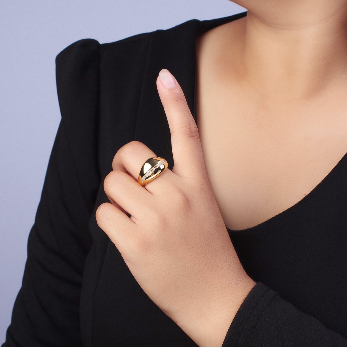 Gold Filled Baguette Lined Chunky Dome Ring in Gold & Silver | O-086 O-087