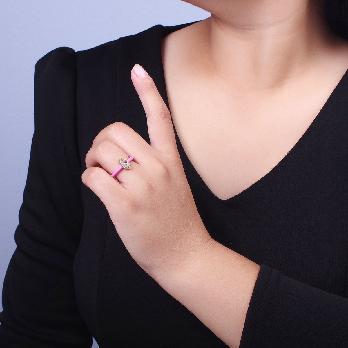 Gold Filled Barbiecore Marquise Green, White, Pink Micro Paved Enamel Adjustable Ring | O-053~O-055