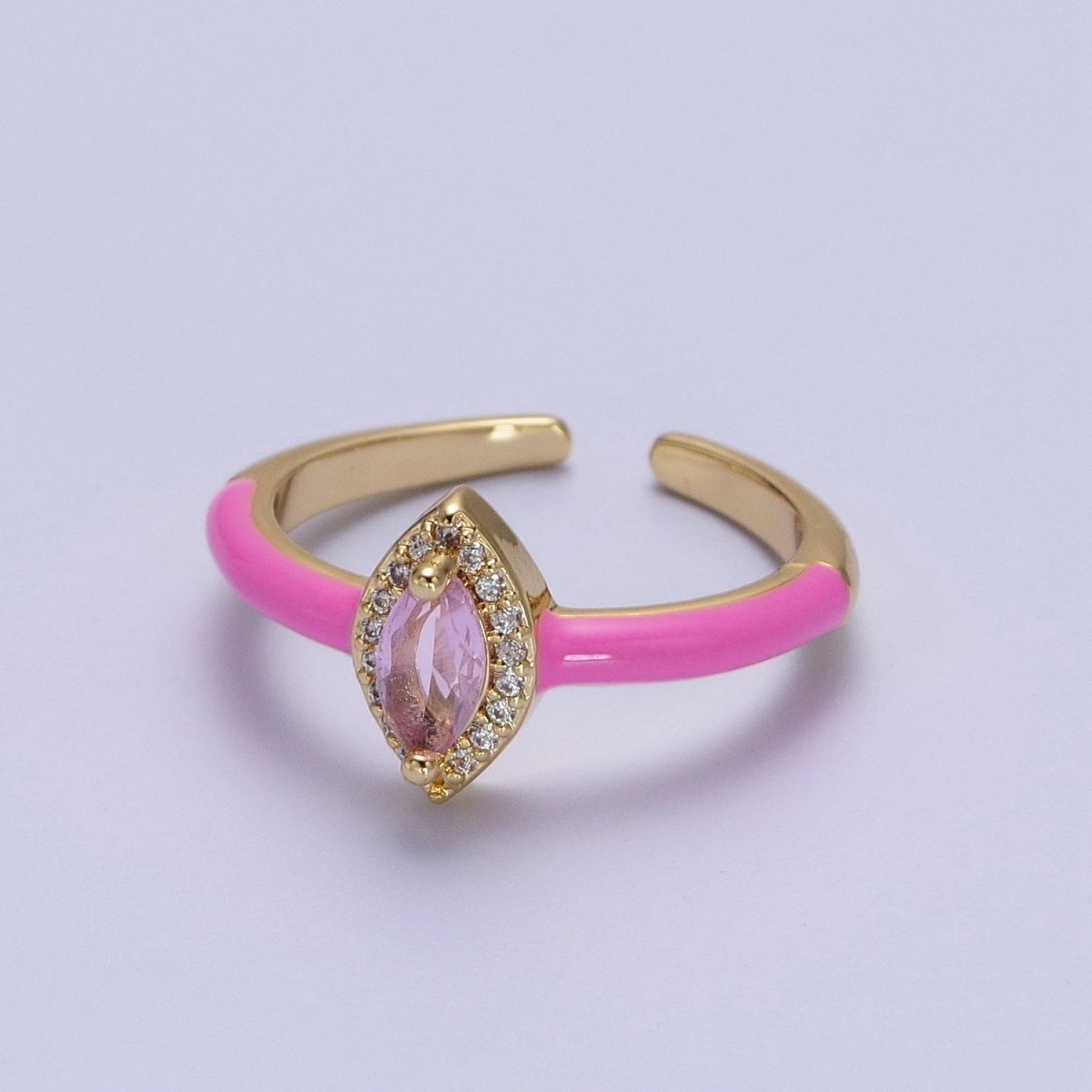 Gold Filled Barbiecore Marquise Green, White, Pink Micro Paved Enamel Adjustable Ring | O-053~O-055