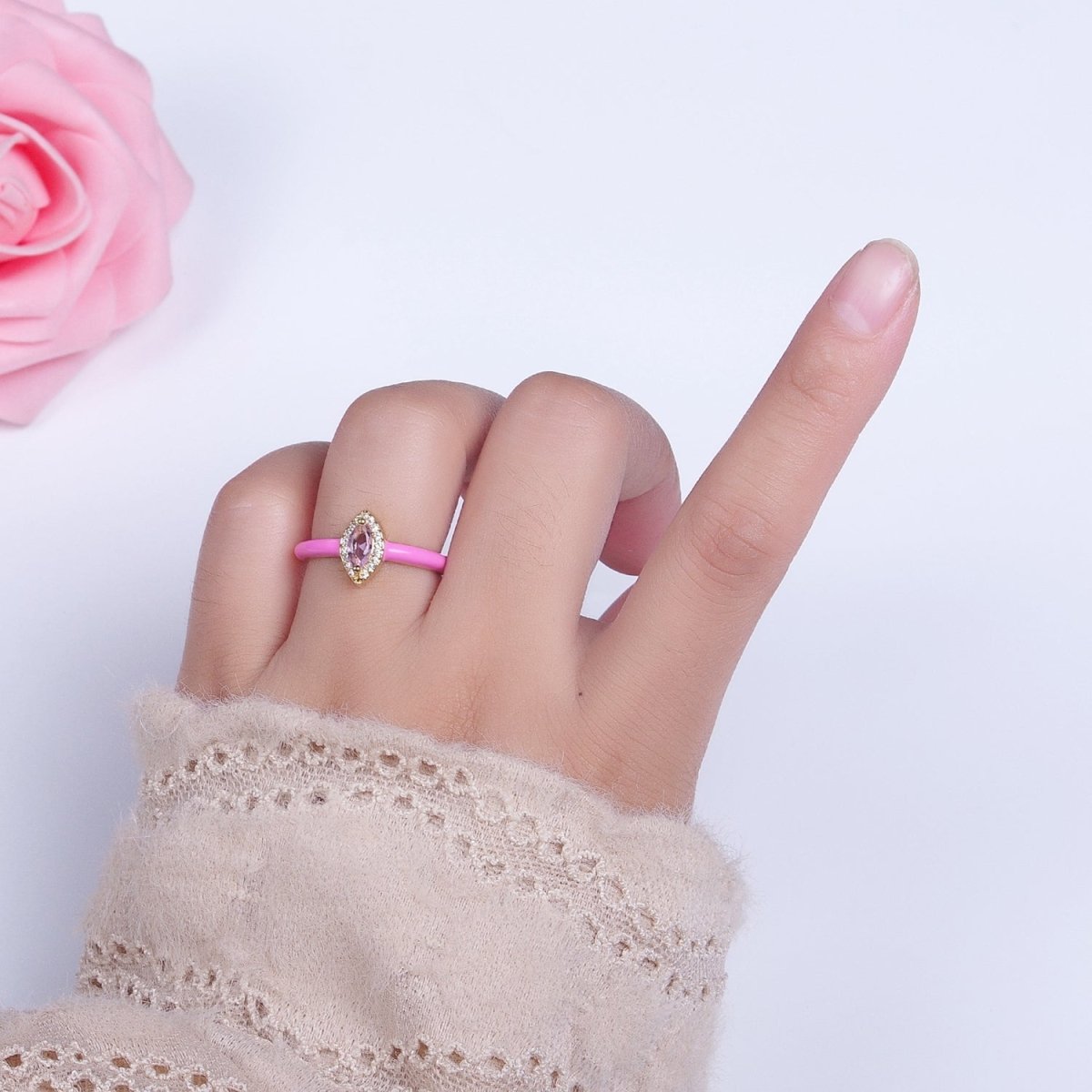 Gold Filled Barbiecore Marquise Green, White, Pink Micro Paved Enamel Adjustable Ring | O-053~O-055