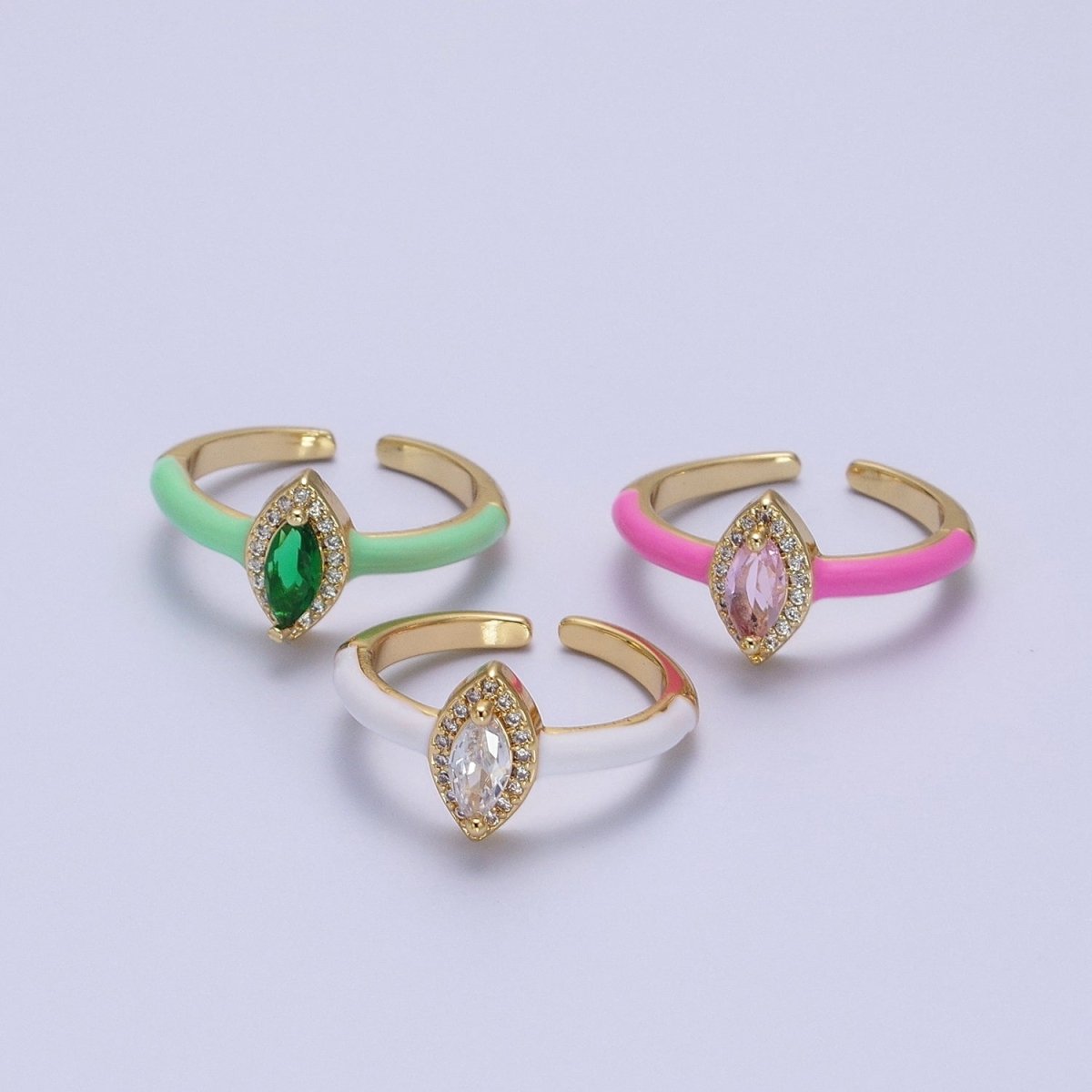 Gold Filled Barbiecore Marquise Green, White, Pink Micro Paved Enamel Adjustable Ring | O-053~O-055