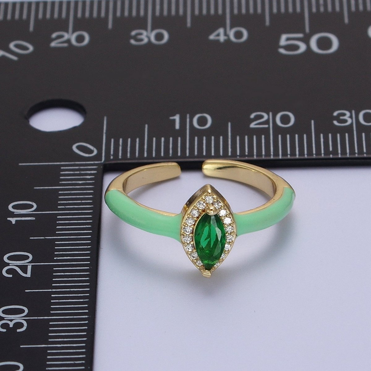Gold Filled Barbiecore Marquise Green, White, Pink Micro Paved Enamel Adjustable Ring | O-053~O-055