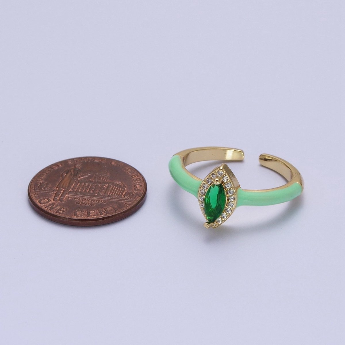 Gold Filled Barbiecore Marquise Green, White, Pink Micro Paved Enamel Adjustable Ring | O-053~O-055