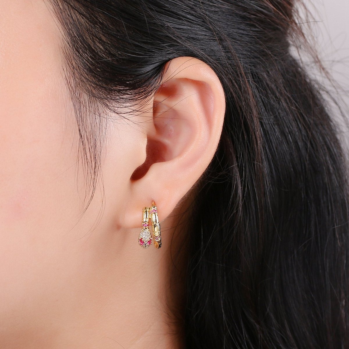 Gold Filled Beautiful Dangle Mystic Snake Huggies Earring Micro Pave CZ Pink Cubic Zirconia Earrings Supply for Jewelry Making Q-179 - DLUXCA
