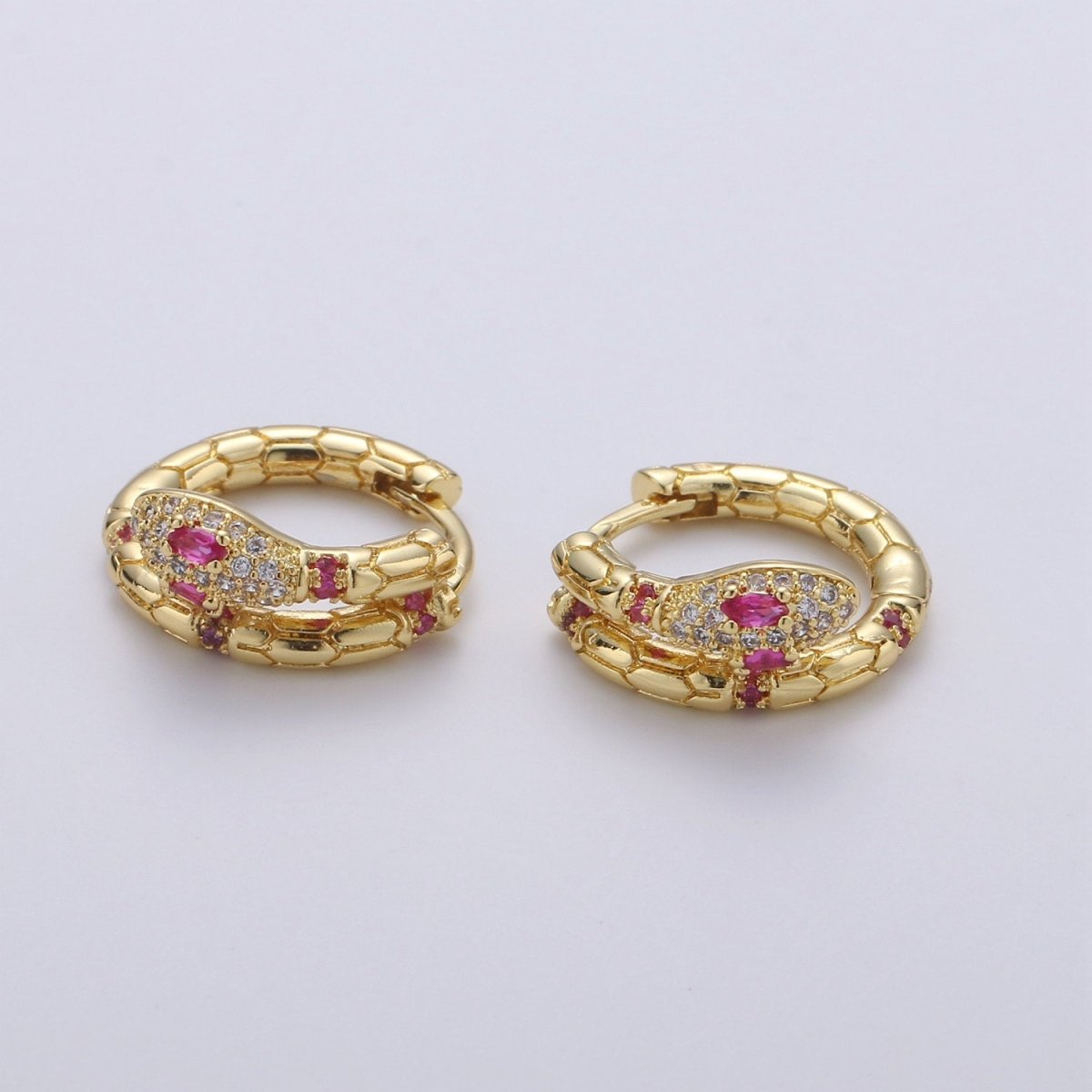 Gold Filled Beautiful Dangle Mystic Snake Huggies Earring Micro Pave CZ Pink Cubic Zirconia Earrings Supply for Jewelry Making Q-179 - DLUXCA