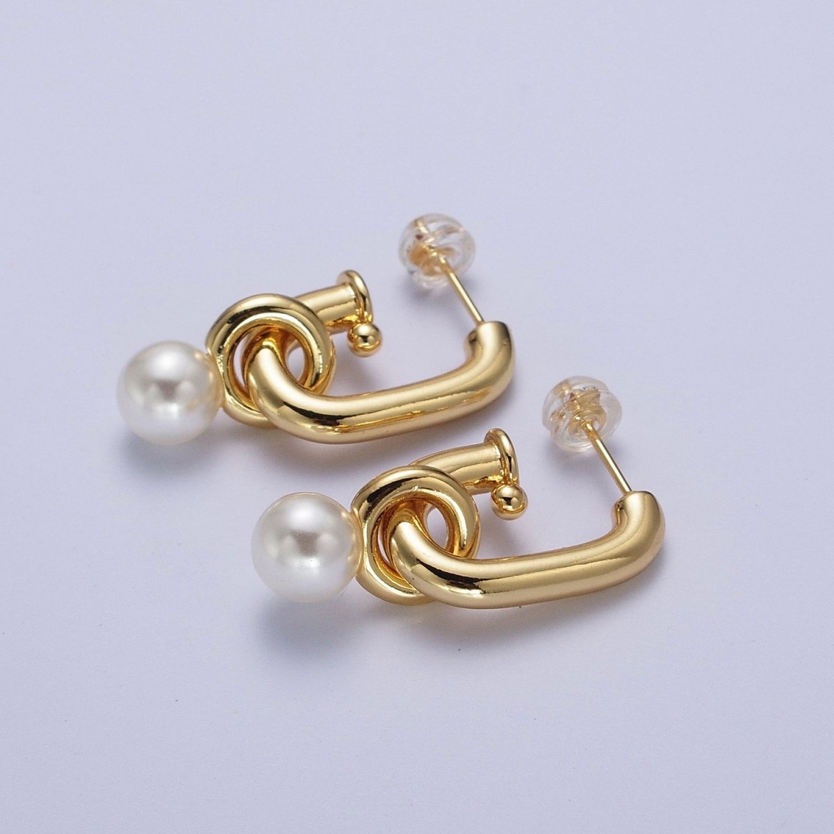 Gold Filled Boxy J-Shaped Round Pearl Drop Hoop Earrings in Gold & Silver | AD-260-AD-261
