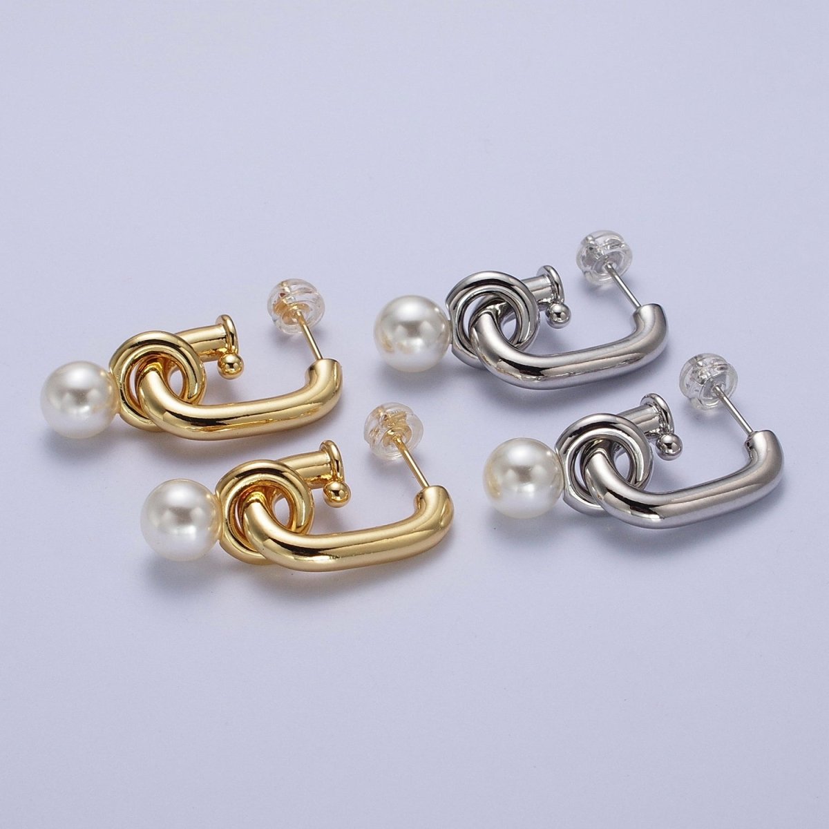 Gold Filled Boxy J-Shaped Round Pearl Drop Hoop Earrings in Gold & Silver | AD-260-AD-261