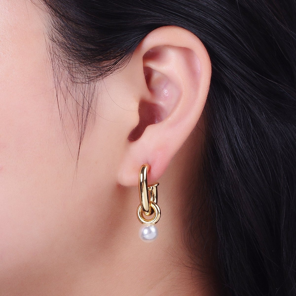 Gold Filled Boxy J-Shaped Round Pearl Drop Hoop Earrings in Gold & Silver | AD-260-AD-261