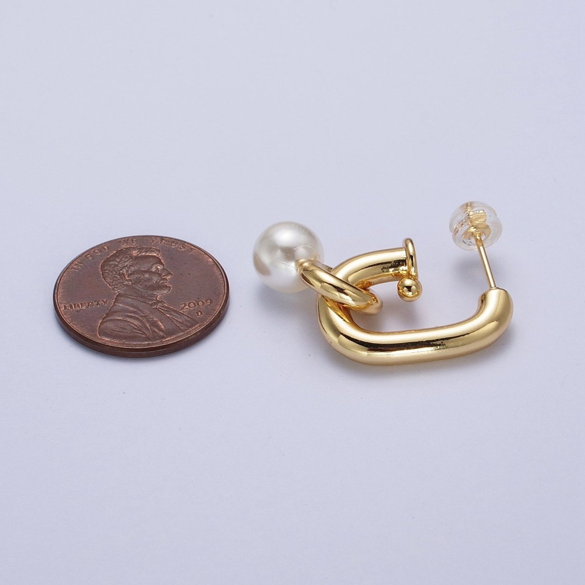 Gold Filled Boxy J-Shaped Round Pearl Drop Hoop Earrings in Gold & Silver | AD-260-AD-261