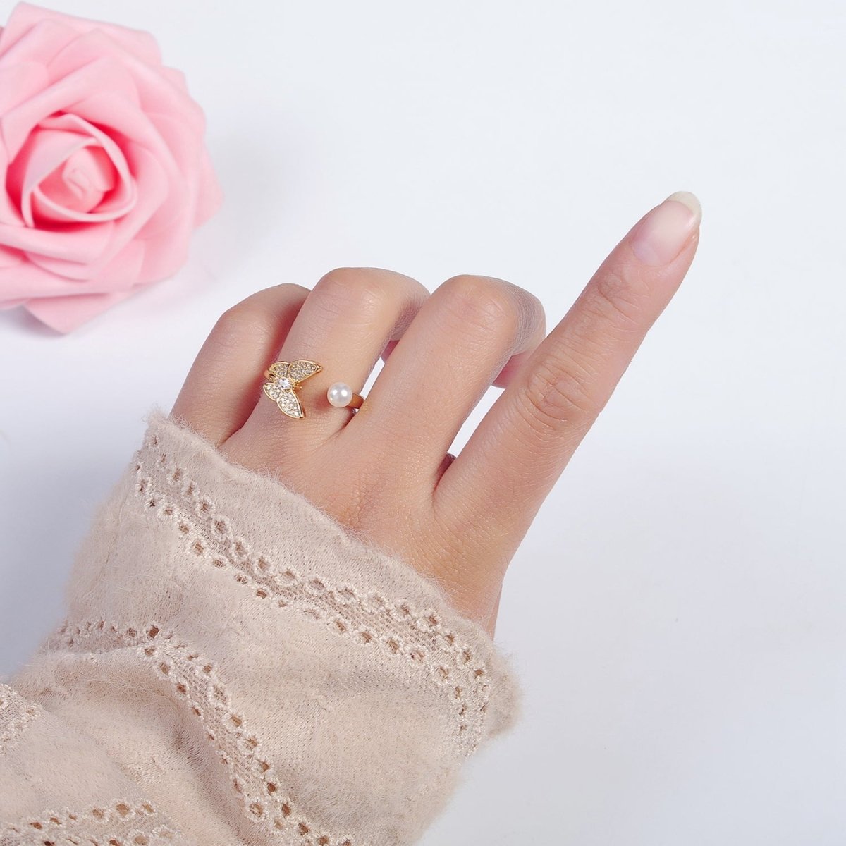 Gold Filled butterfly ring Pearl butterfly rin, stackable adjustable ring, dainty ring O-2139 - DLUXCA