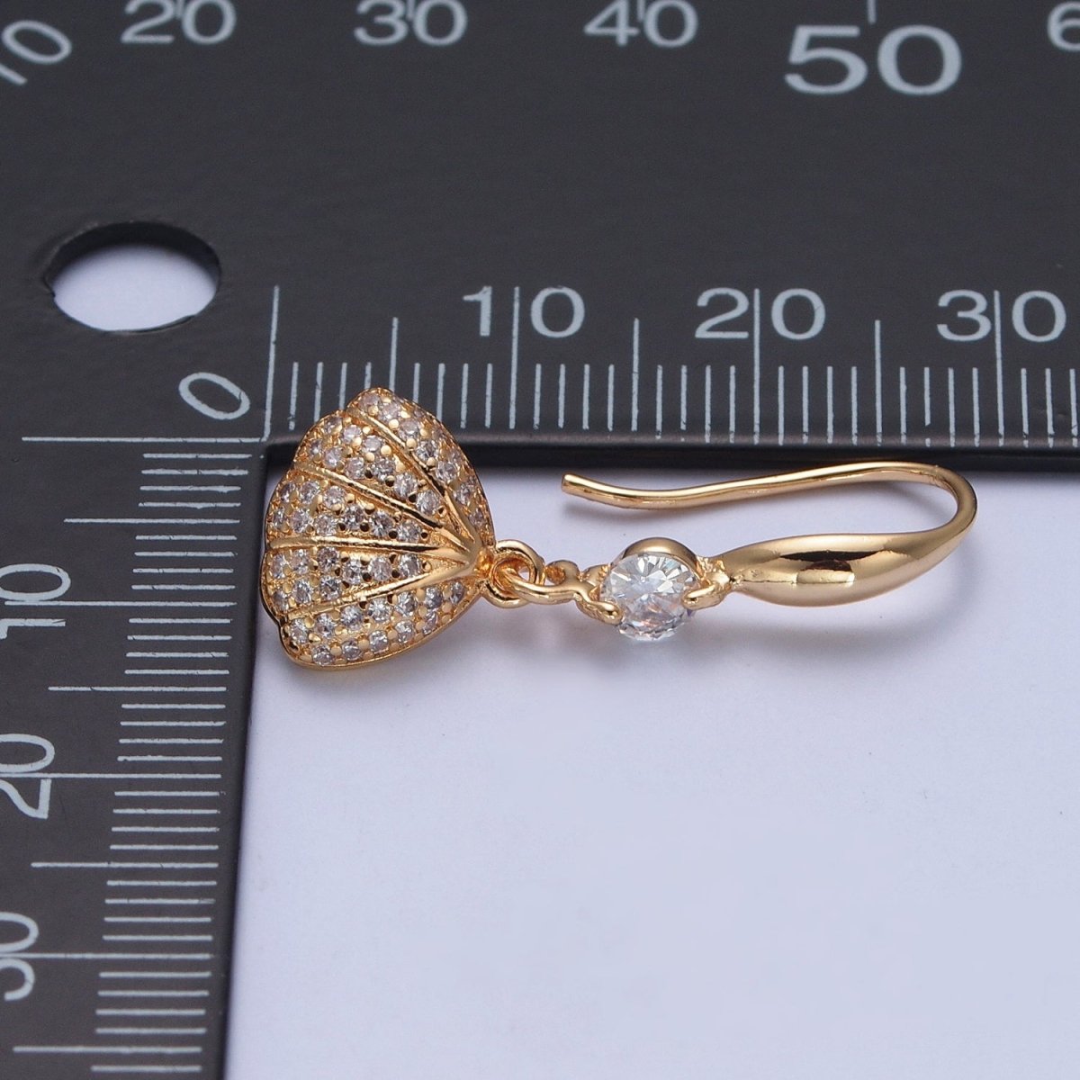 Gold Filled Clear Micro Pave Seashell Clam Charm Dangle Round Cubic Zirconia French Hook Earrings T-026