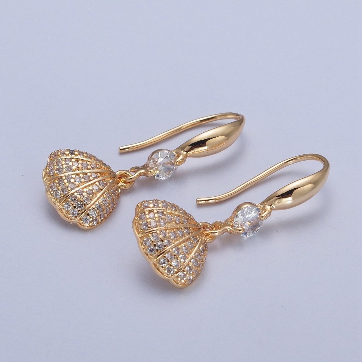 Gold Filled Clear Micro Pave Seashell Clam Charm Dangle Round Cubic Zirconia French Hook Earrings T-026