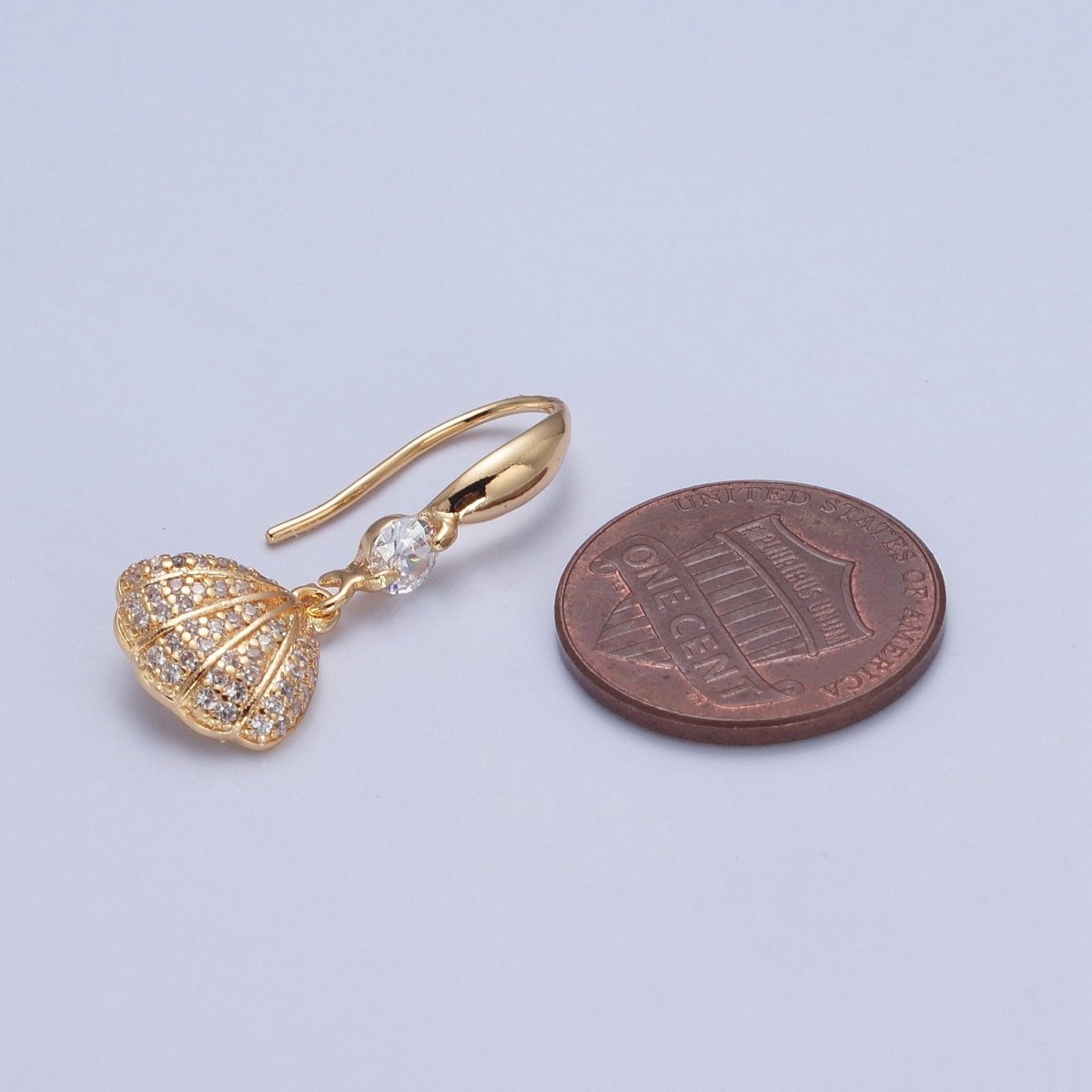 Gold Filled Clear Micro Pave Seashell Clam Charm Dangle Round Cubic Zirconia French Hook Earrings T-026