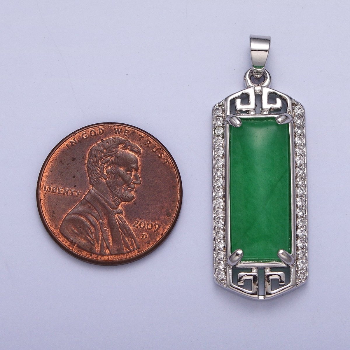 Gold Filled Clear Micro Paved CZ Green Jade Bar Pendant in Gold & Silver | AA097 AA098