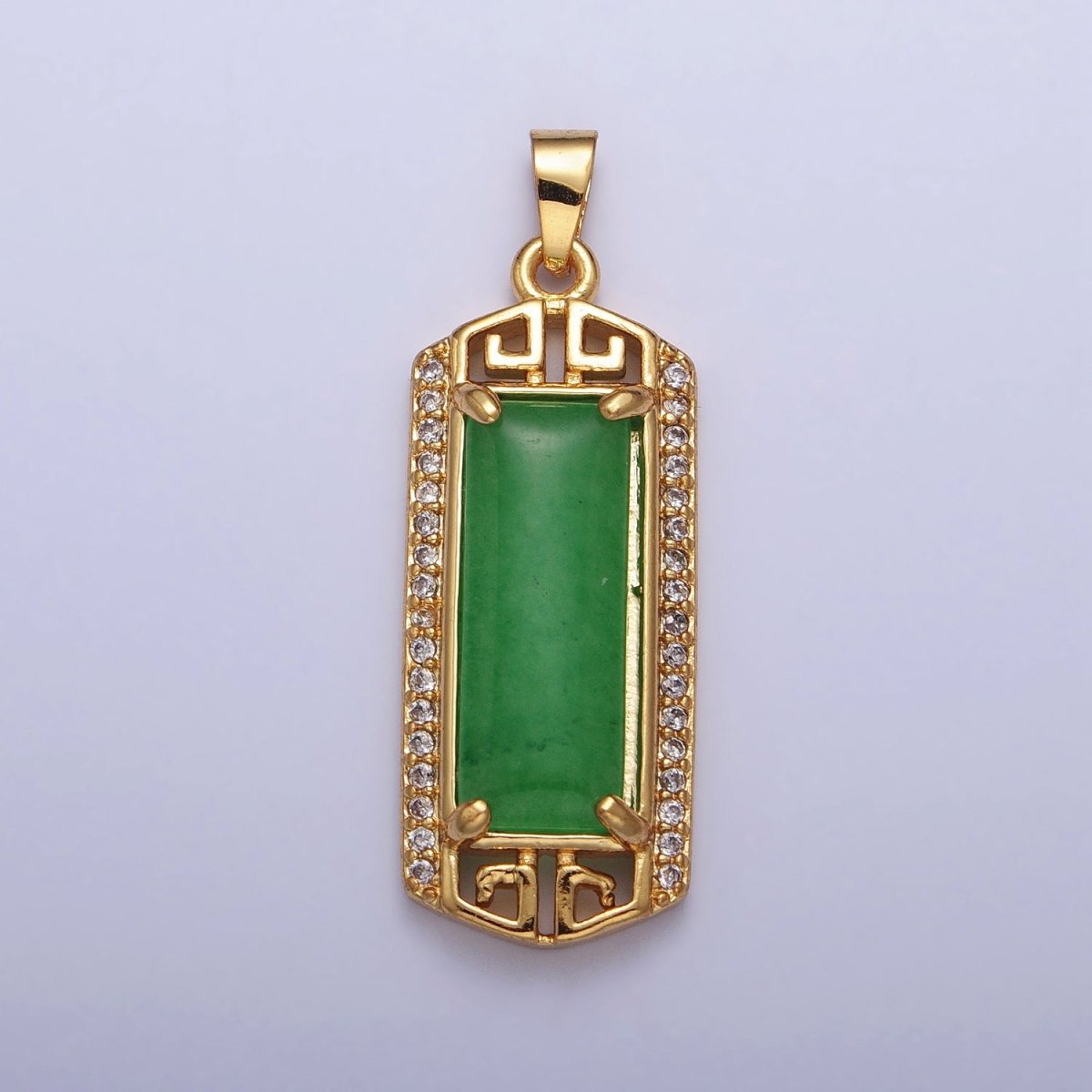Gold Filled Clear Micro Paved CZ Green Jade Bar Pendant in Gold & Silver | AA097 AA098