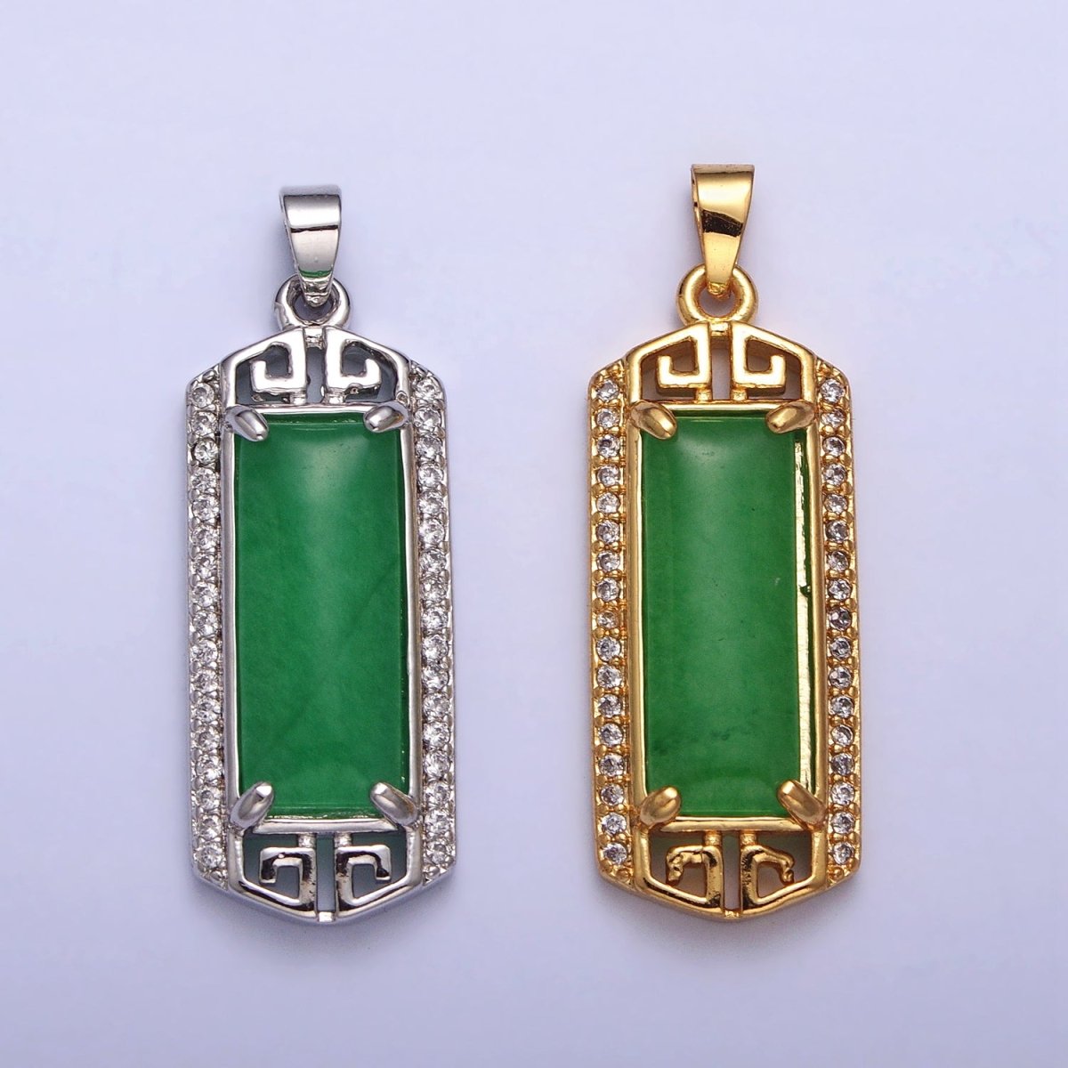 Gold Filled Clear Micro Paved CZ Green Jade Bar Pendant in Gold & Silver | AA097 AA098