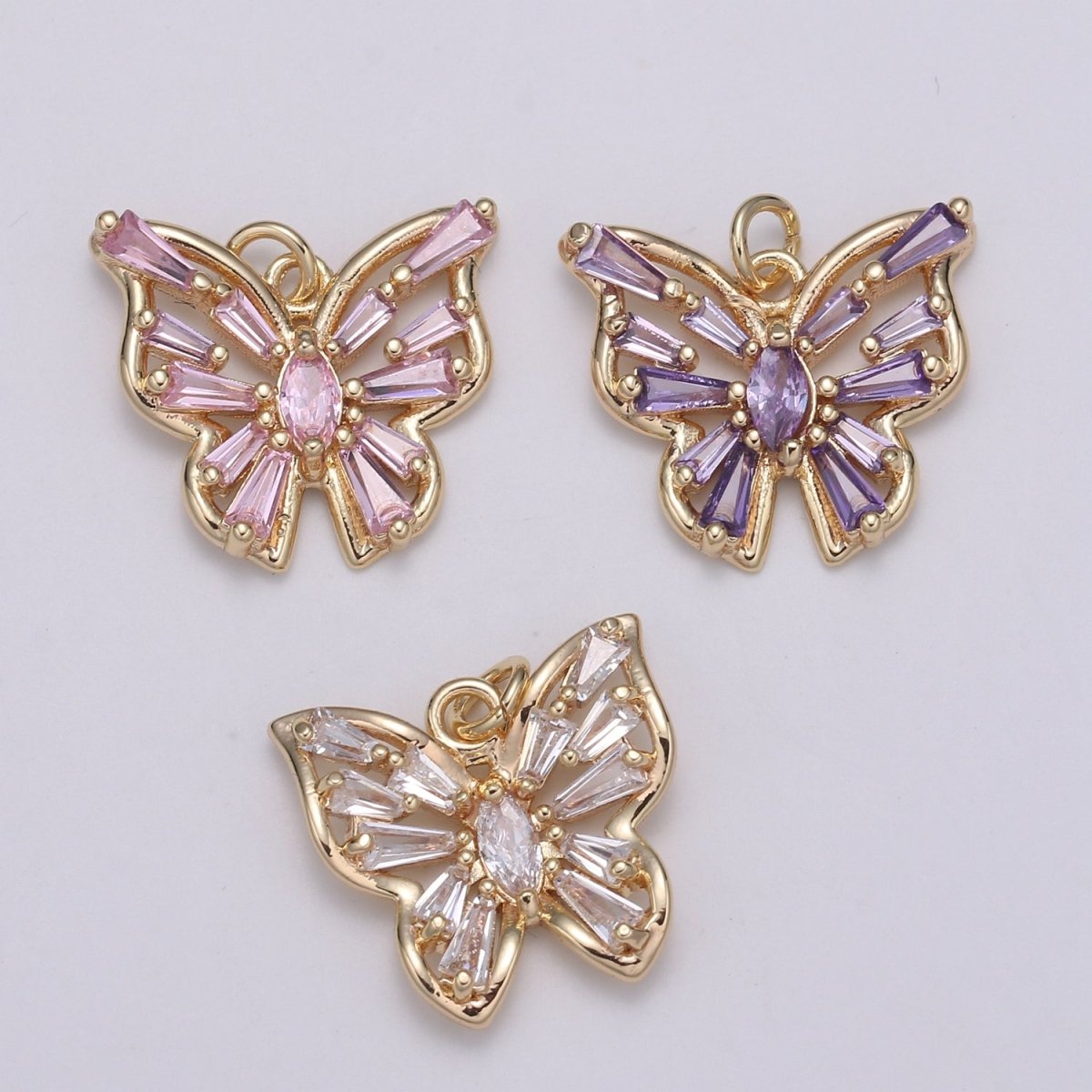 Gold Filled Clear, Pink, Purple Baguette Butterfly Wings Mini Charm  E-101 - E-102