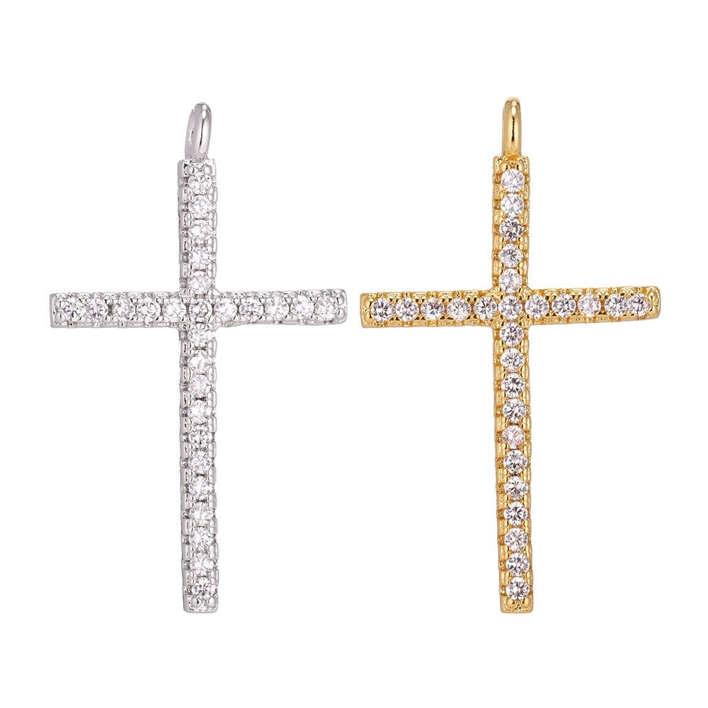Gold Filled Cross, Golden Jesus, Faith, Believe, Pray, Love Cubic Zirconia Necklace Pendant Charm Bead Bails Findings for Jewelry Making  C-154