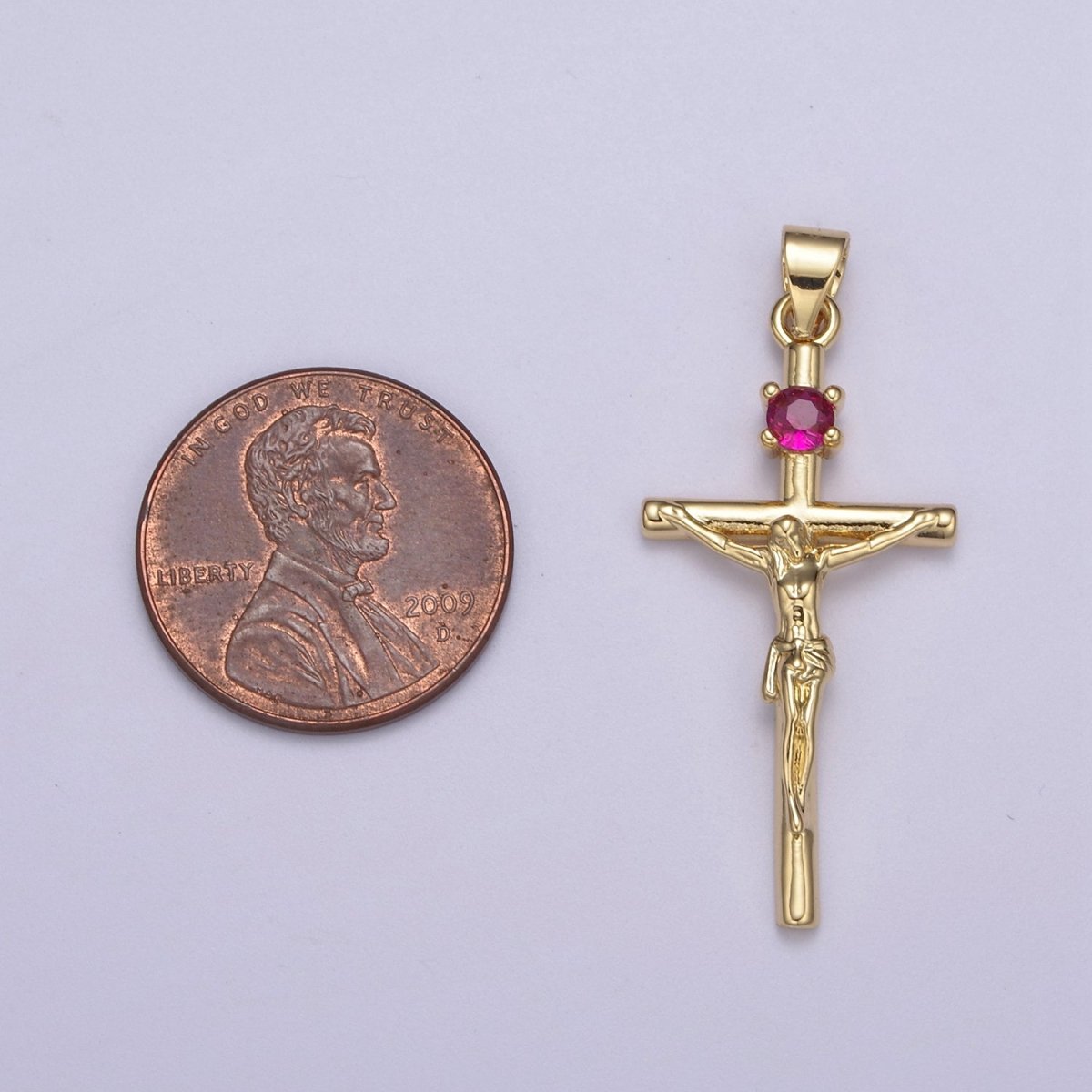 Gold Filled Crucifix Cross - Cross with Pink Crystal center - Simple 24K Gold Fill Cross For Necklace Bracelet Jewelry Making H-602 - DLUXCA