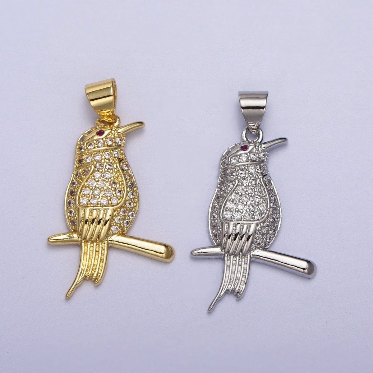 Gold-Filled CZ Micro Paved Fuchsia-Eyed Bird Perched on Branch Pendant in Gold & Silver | AA004 AA005