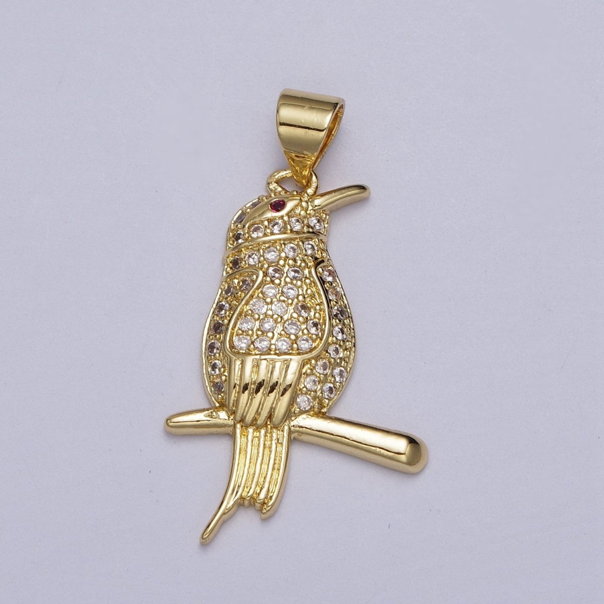 Gold-Filled CZ Micro Paved Fuchsia-Eyed Bird Perched on Branch Pendant in Gold & Silver | AA004 AA005