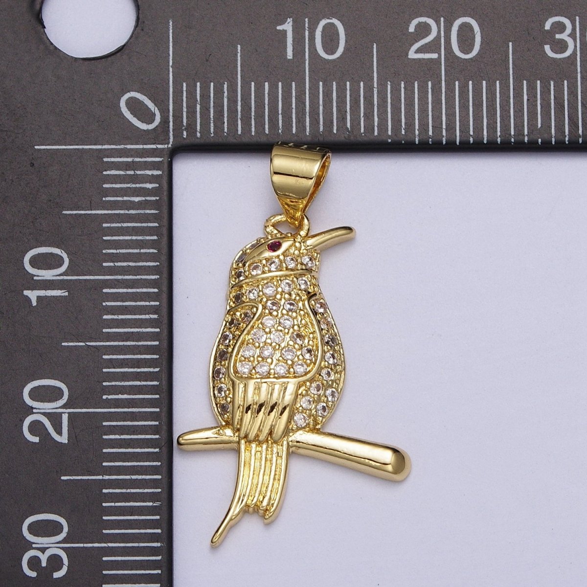 Gold-Filled CZ Micro Paved Fuchsia-Eyed Bird Perched on Branch Pendant in Gold & Silver | AA004 AA005