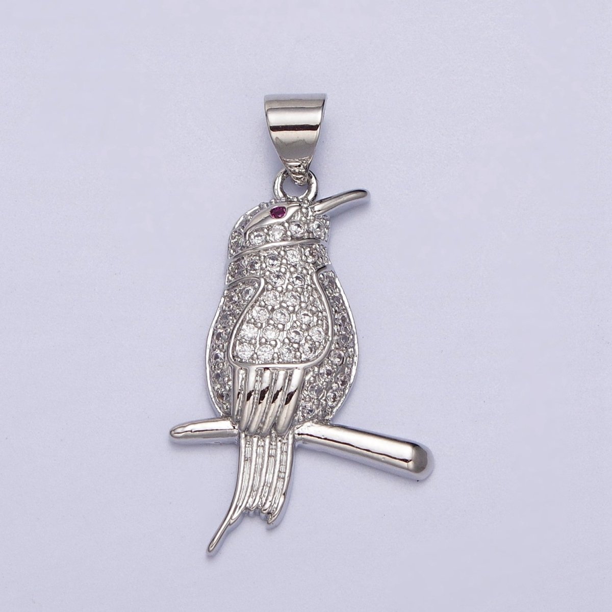 Gold-Filled CZ Micro Paved Fuchsia-Eyed Bird Perched on Branch Pendant in Gold & Silver | AA004 AA005