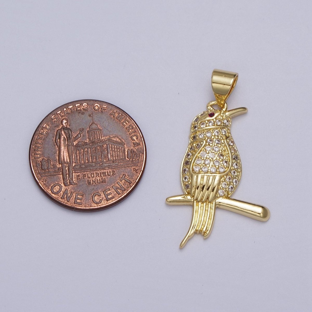 Gold-Filled CZ Micro Paved Fuchsia-Eyed Bird Perched on Branch Pendant in Gold & Silver | AA004 AA005