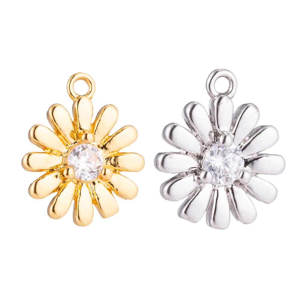Gold Filled Daisy Sunflower, Flower, Floral, Botanical Love Cubic Zirconia Bracelet Charm, Necklace Pendant, Findings for Jewelry Making C-211 E-162