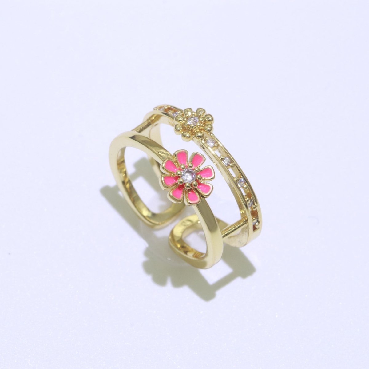 Gold Filled Double band Daisy Ring Enamel Open Adjustable Ring Flower Floral Jewelry O-466 ~ O-475