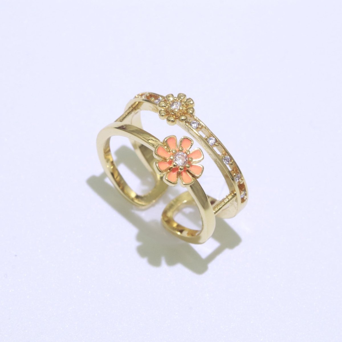 Gold Filled Double band Daisy Ring Enamel Open Adjustable Ring Flower Floral Jewelry O-466 ~ O-475