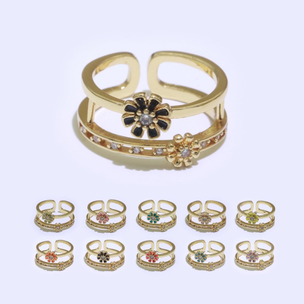 Gold Filled Double band Daisy Ring Enamel Open Adjustable Ring Flower Floral Jewelry O-466 ~ O-475