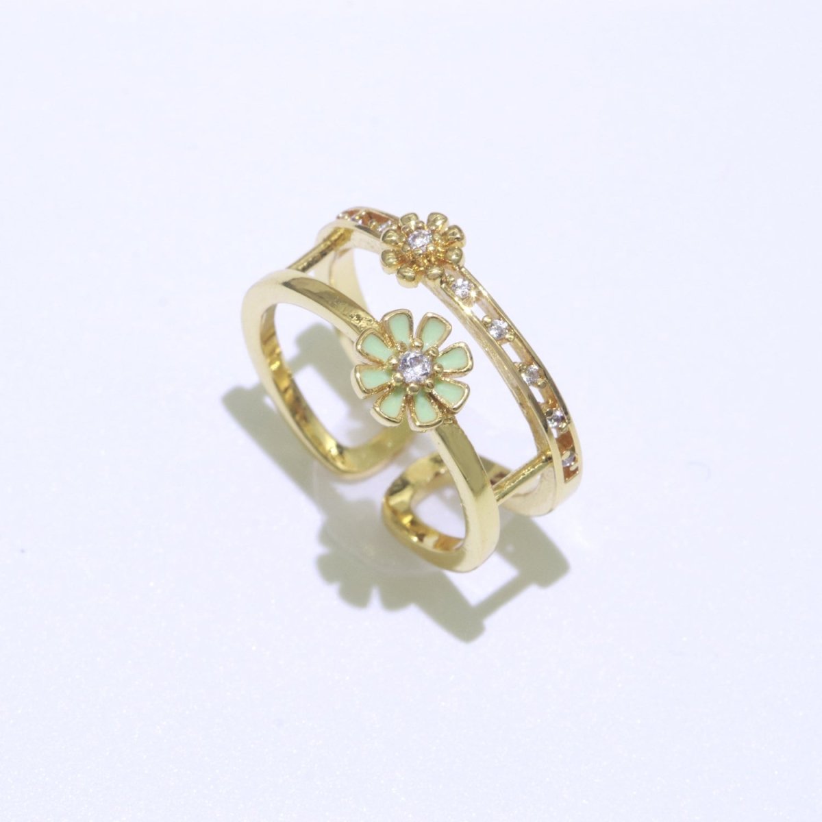 Gold Filled Double band Daisy Ring Enamel Open Adjustable Ring Flower Floral Jewelry O-466 ~ O-475