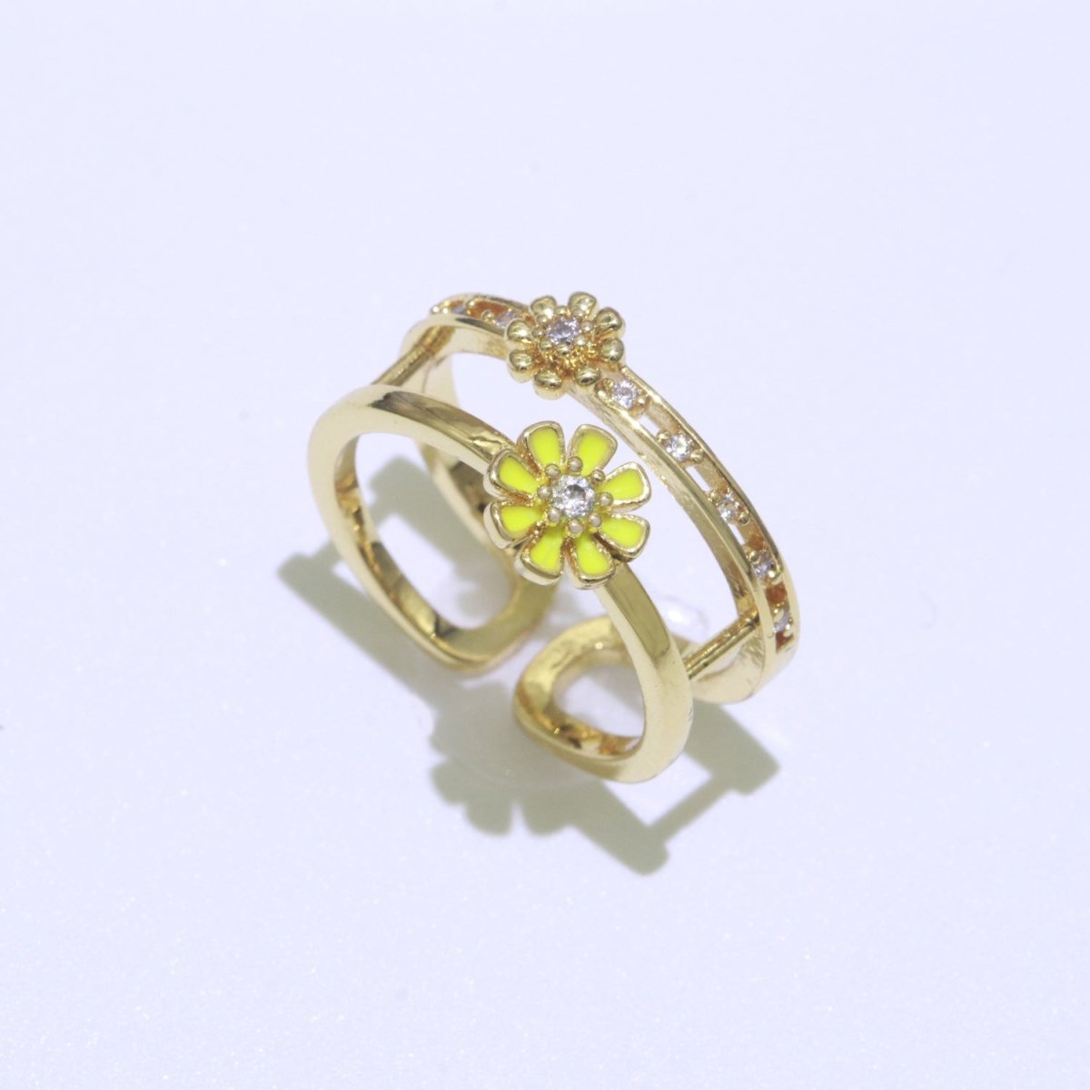 Gold Filled Double band Daisy Ring Enamel Open Adjustable Ring Flower Floral Jewelry O-466 ~ O-475