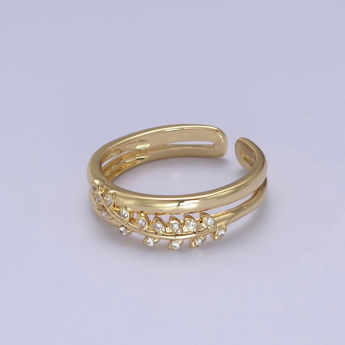 Gold Filled Double Olive Branch Vine with Crystal Zirconia CZ Band Adjustable Ring in 24K Gold & Silver | U-386 U-387