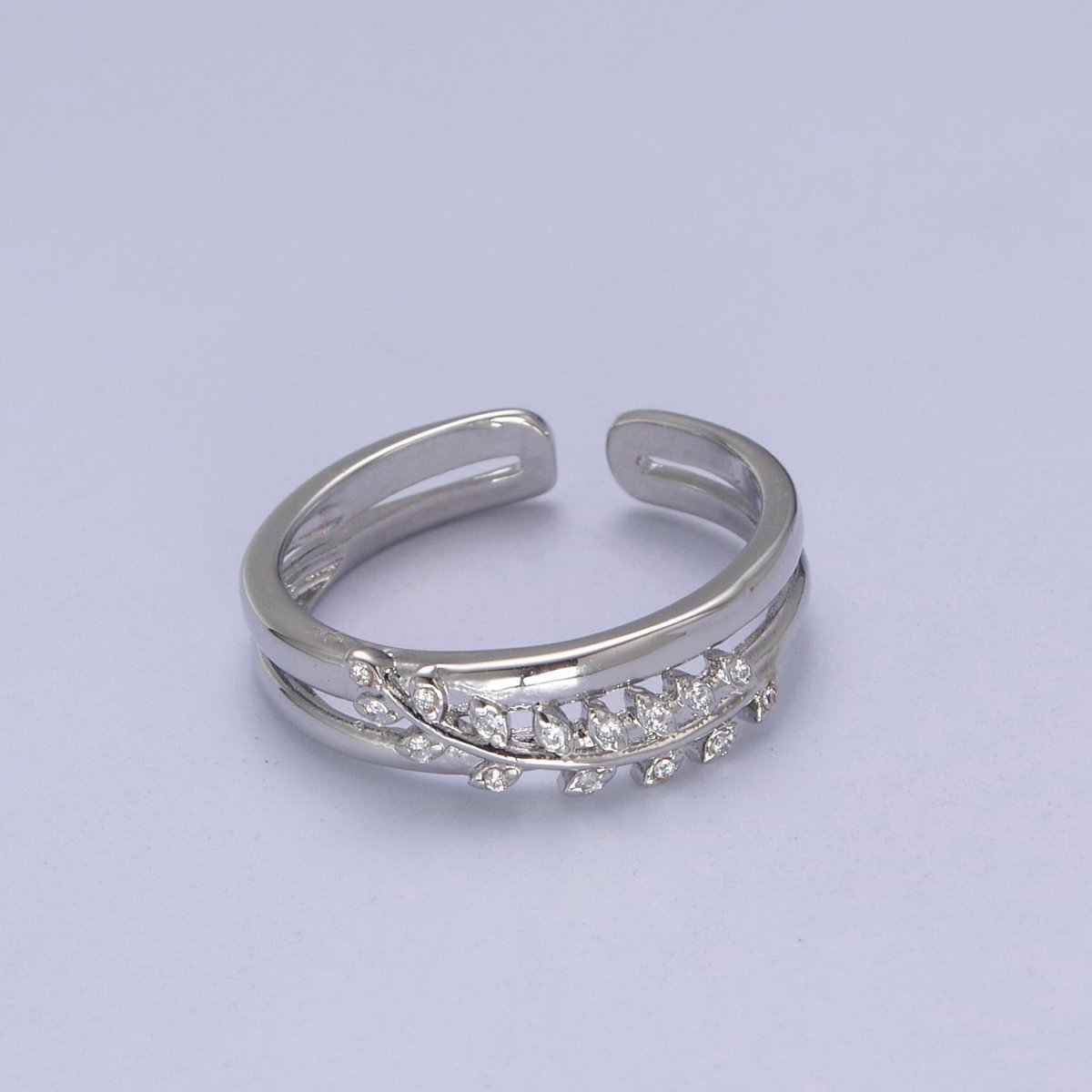 Gold Filled Double Olive Branch Vine with Crystal Zirconia CZ Band Adjustable Ring in 24K Gold & Silver | U-386 U-387