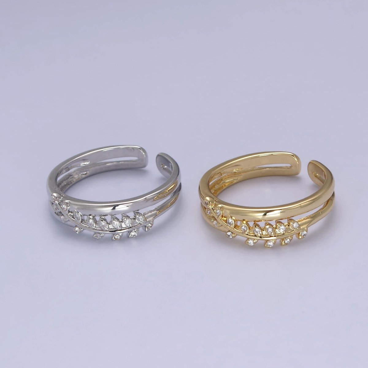 Gold Filled Double Olive Branch Vine with Crystal Zirconia CZ Band Adjustable Ring in 24K Gold & Silver | U-386 U-387