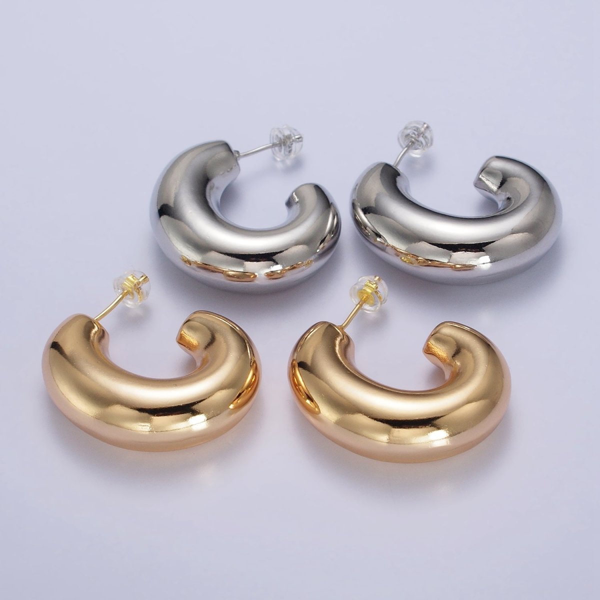 Gold Filled Edged Wide Chubby Geometric J-Shaped Hoop Earrings in Gold & Silver | AB-340 AB-341