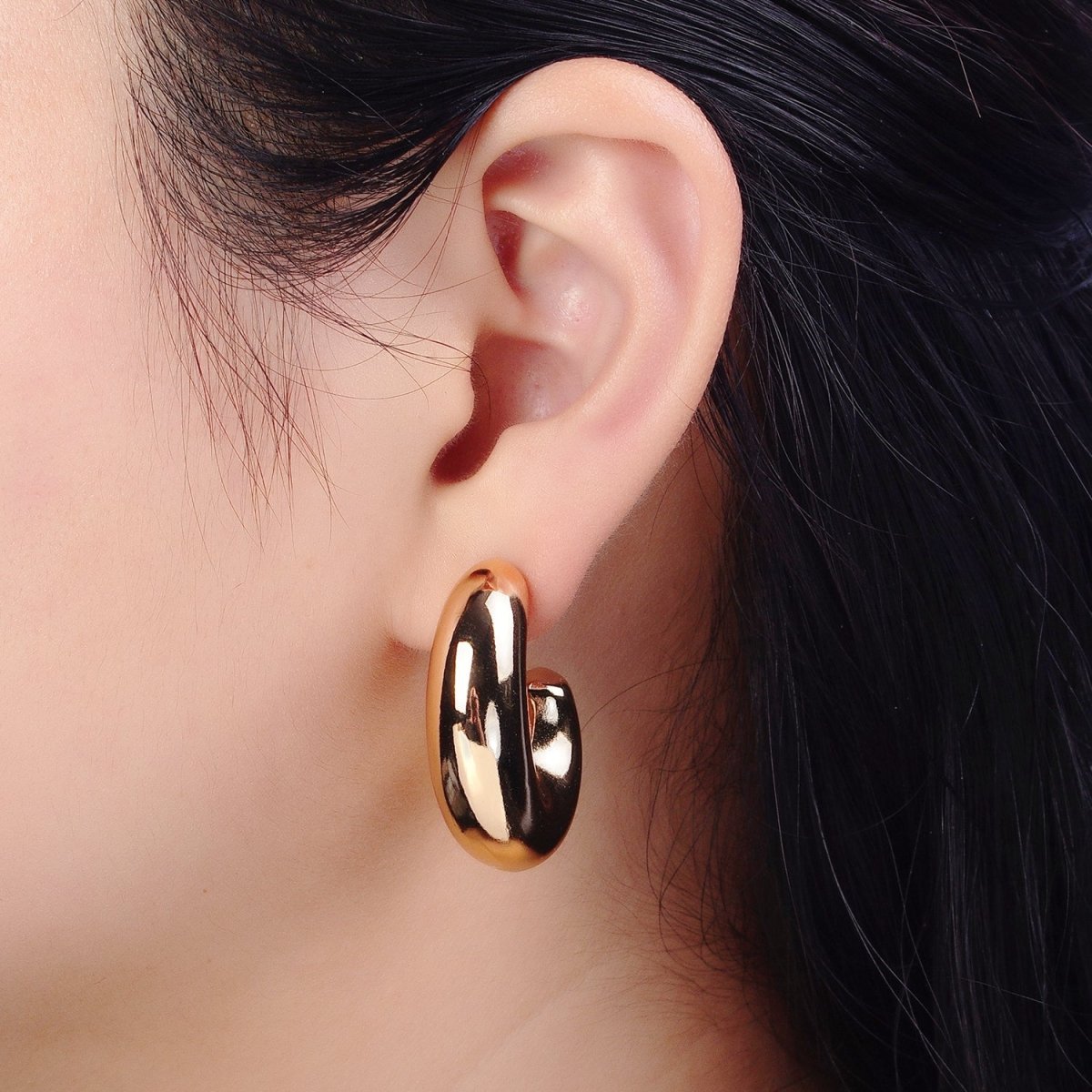 Gold Filled Edged Wide Chubby Geometric J-Shaped Hoop Earrings in Gold & Silver | AB-340 AB-341