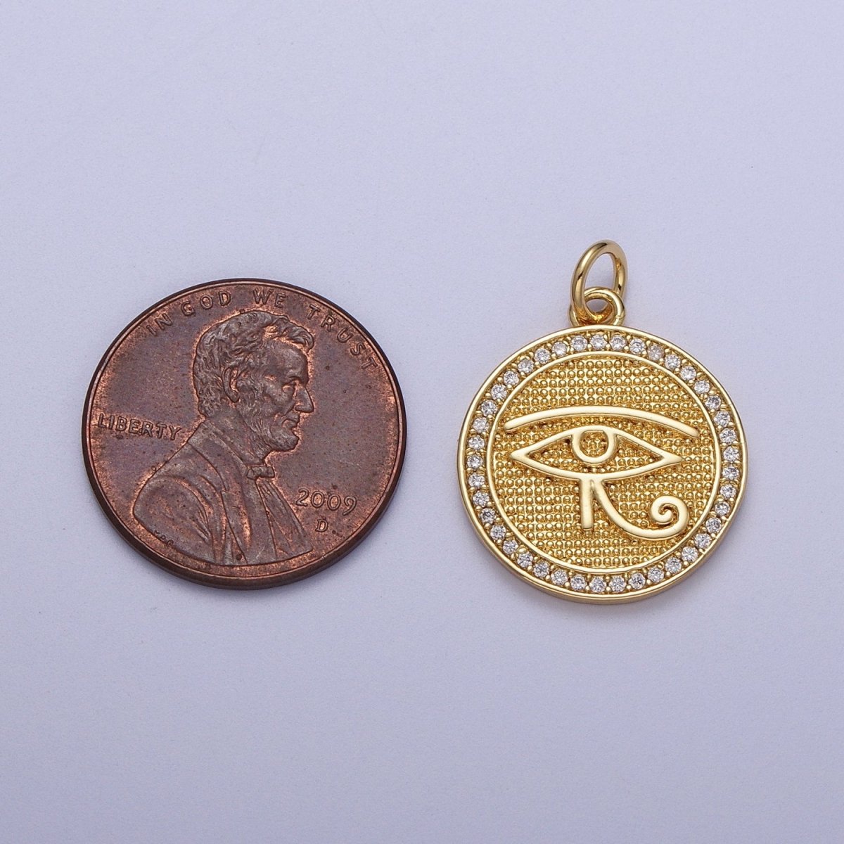 Gold Filled Egyptian Eye of Ra 17mm Micro Paved CZ Textured Round Charm in Gold & Silver | C-343 C-352
