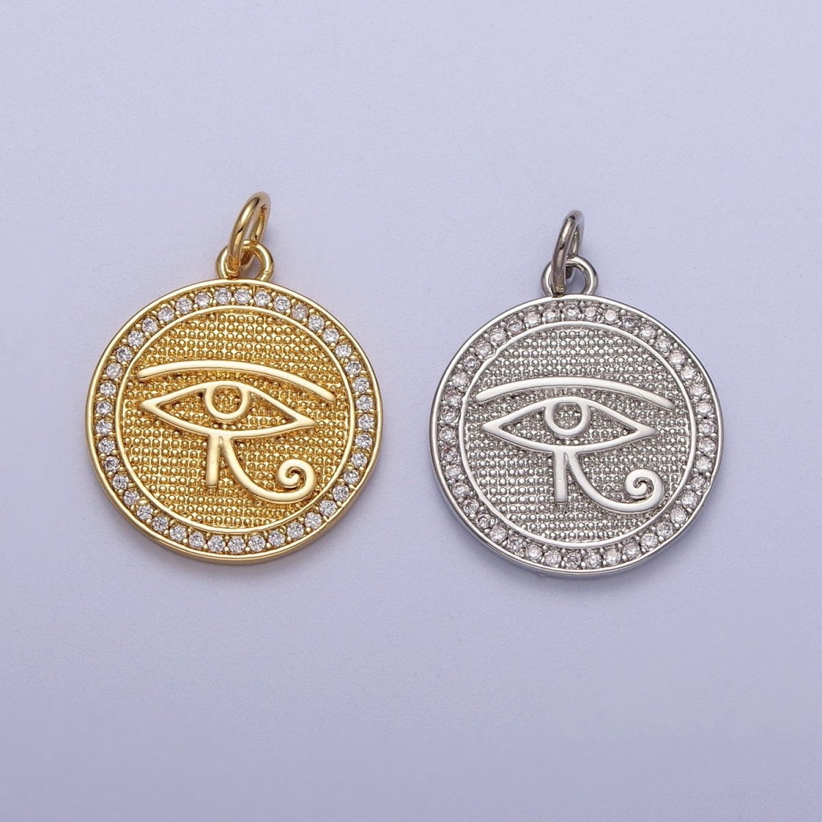 Gold Filled Egyptian Eye of Ra 17mm Micro Paved CZ Textured Round Charm in Gold & Silver | C-343 C-352