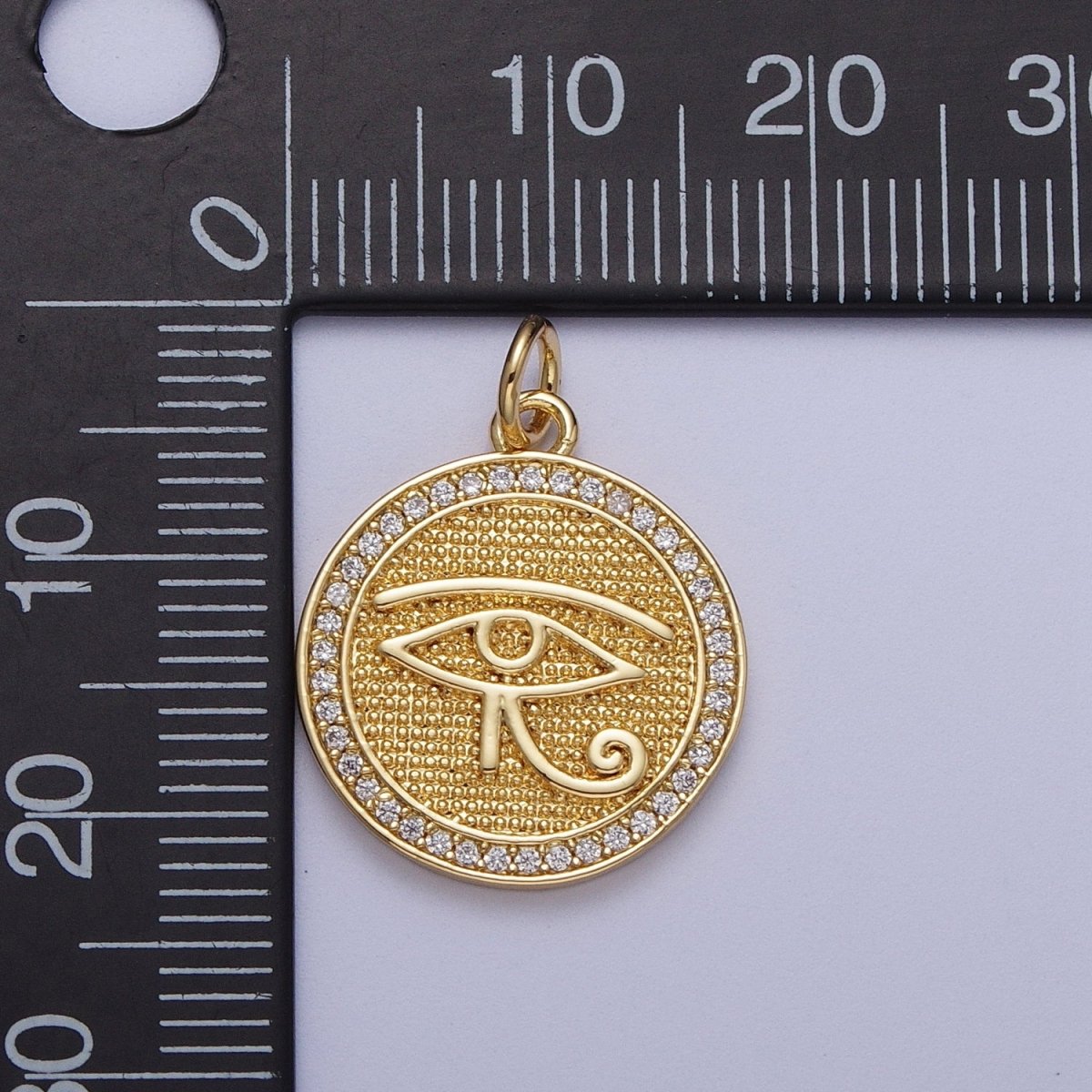 Gold Filled Egyptian Eye of Ra 17mm Micro Paved CZ Textured Round Charm in Gold & Silver | C-343 C-352