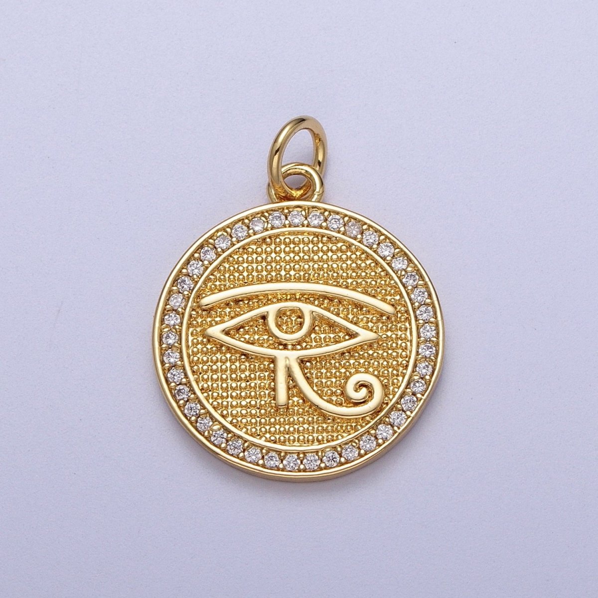 Gold Filled Egyptian Eye of Ra 17mm Micro Paved CZ Textured Round Charm in Gold & Silver | C-343 C-352