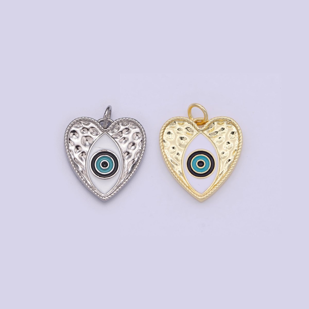 Gold Filled Evil Eye Enamel Heart Hammered Charm in Silver & Gold N-207 N-239